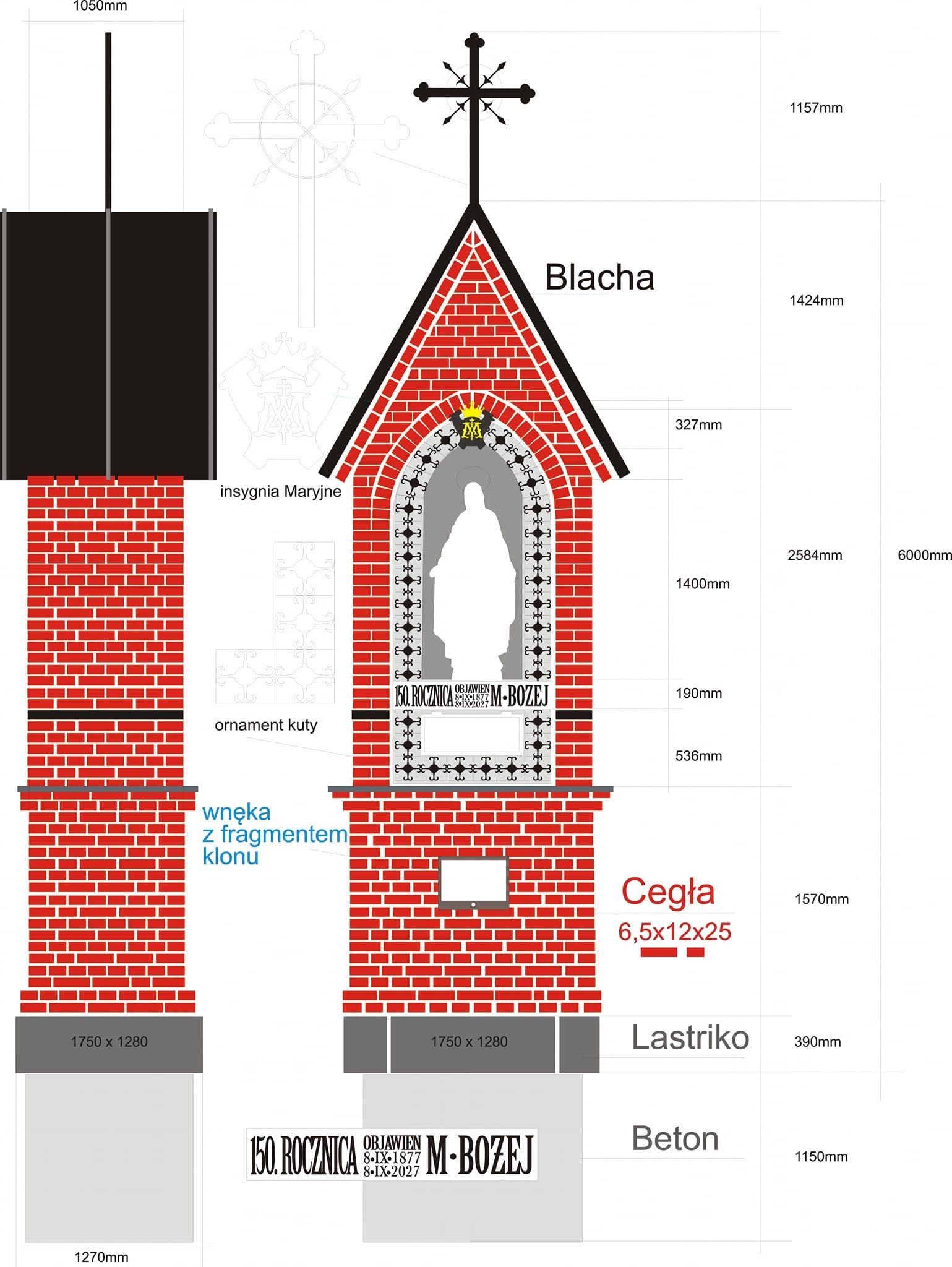 Plan kapliczki inspirowanej Gietrzwałdem – wymiary i wnęka pod figurę 147 cm